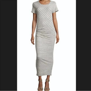 James Perse Tucked Ruched Striped Maxi Dress Size 2 Heather Beige 14510